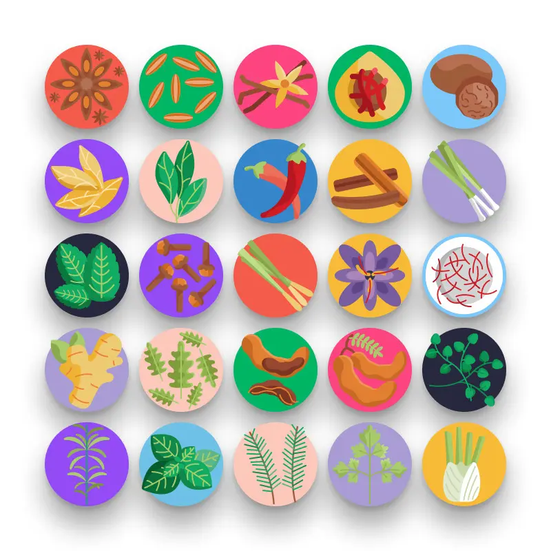 50 Herbs and Spices Icons – set of colorful flat circle icons