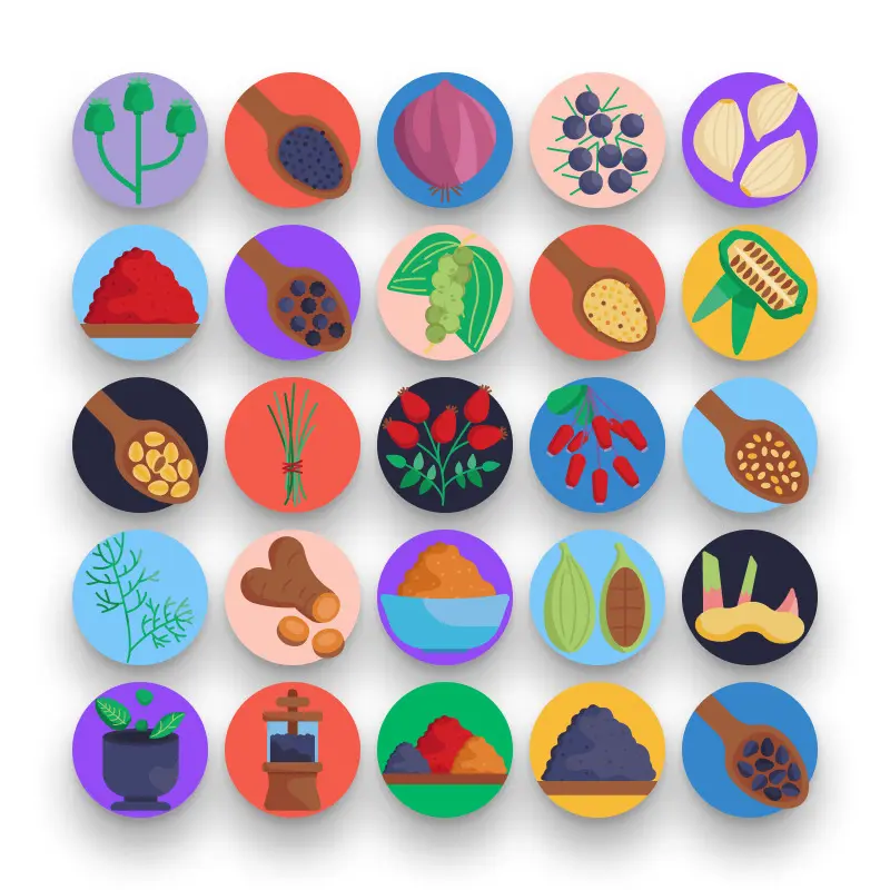 50 Herbs and Spices Icons – set of colorful flat circle icons