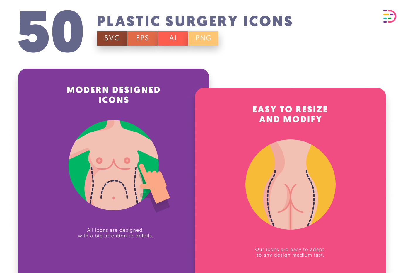 50 Plastic Surgery Icons cover – flat circle icons in PNG, SVG and EPS