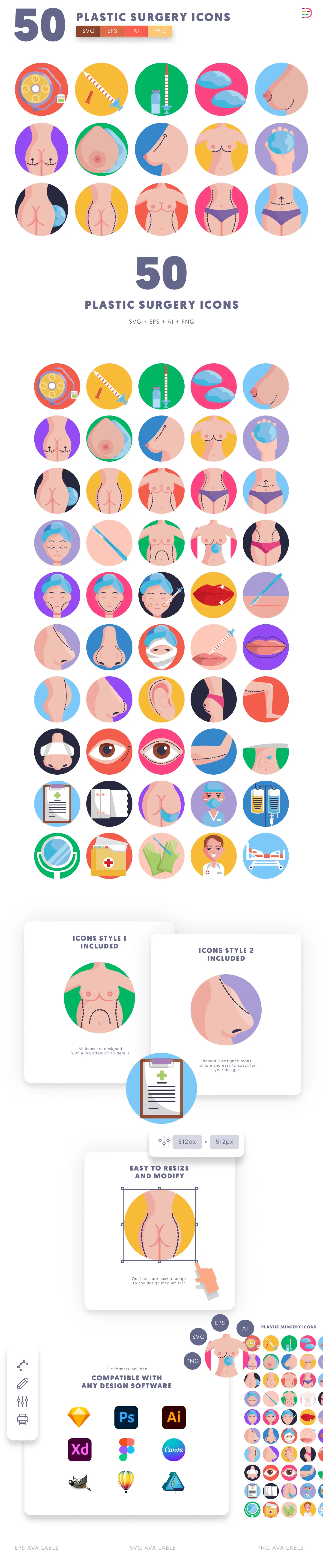 50 Plastic Surgery Icons cover – flat circle icons in PNG, SVG and EPS