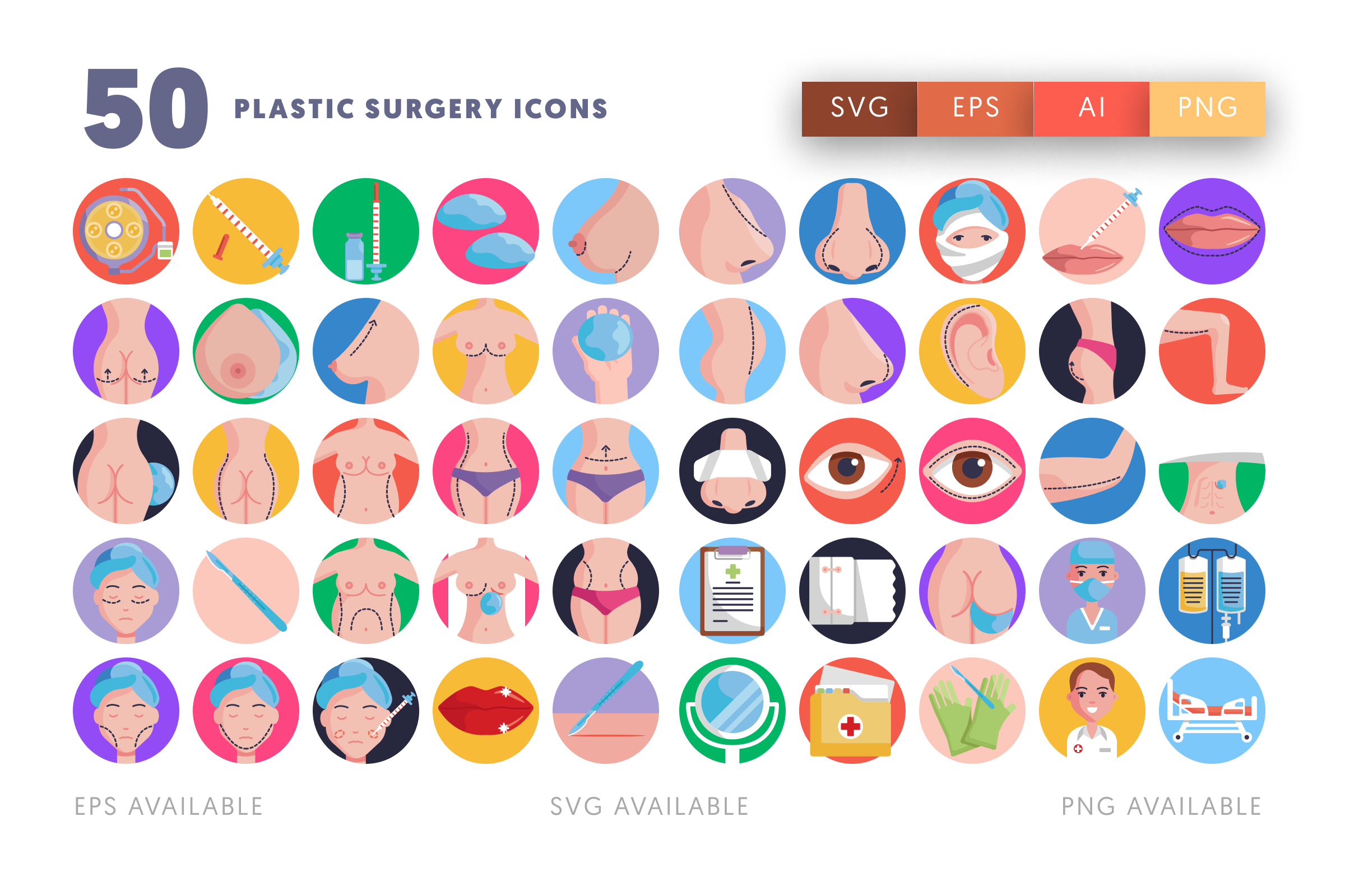 50 Plastic Surgery Icons – flat circle icon set
