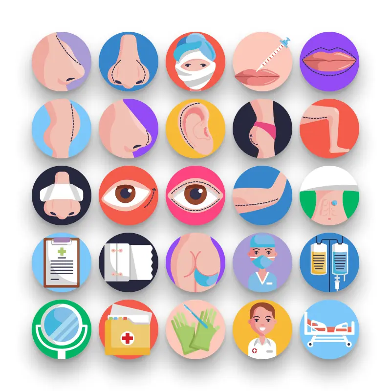 50 Plastic Surgery Icons – set of colorful flat circle icons