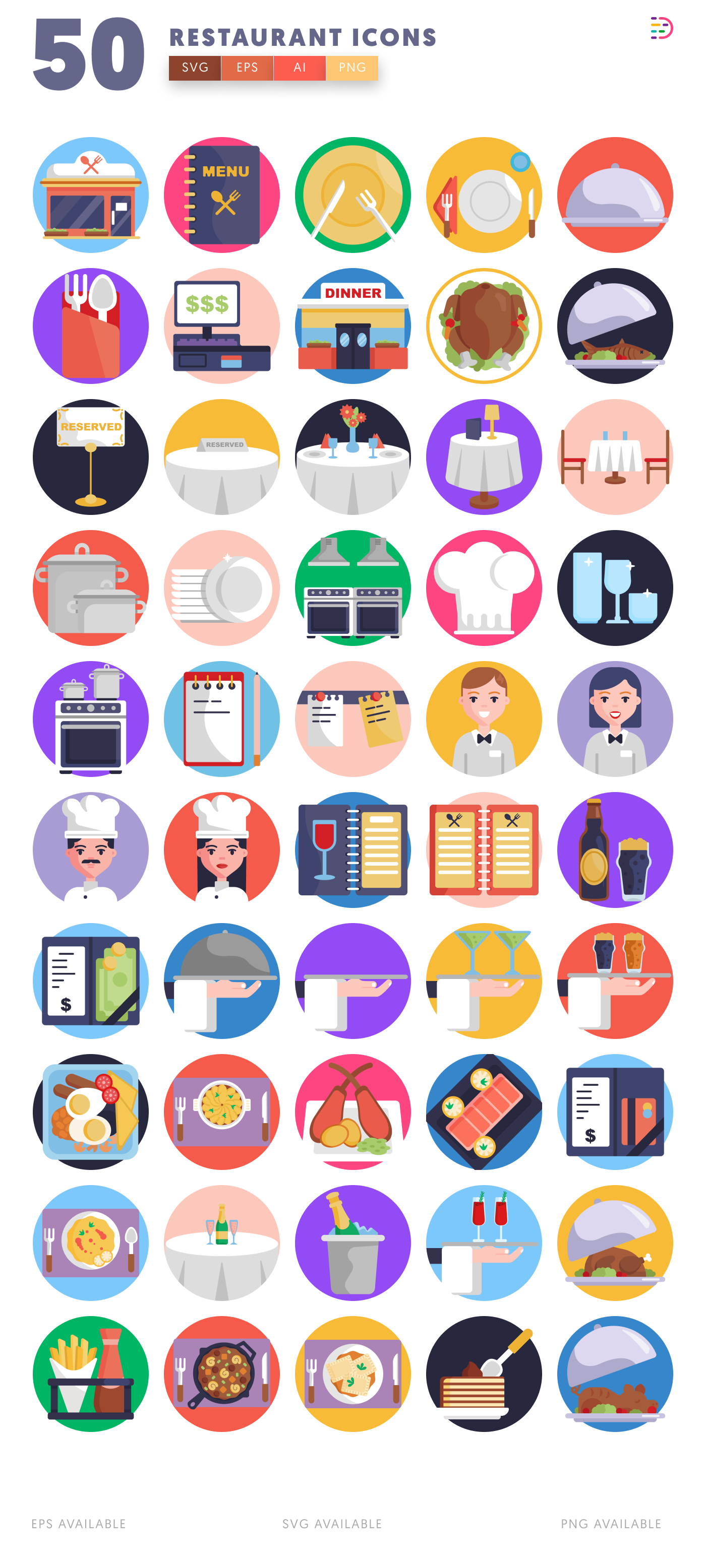 50 Restaurant Illustration Icons – all icons in the set