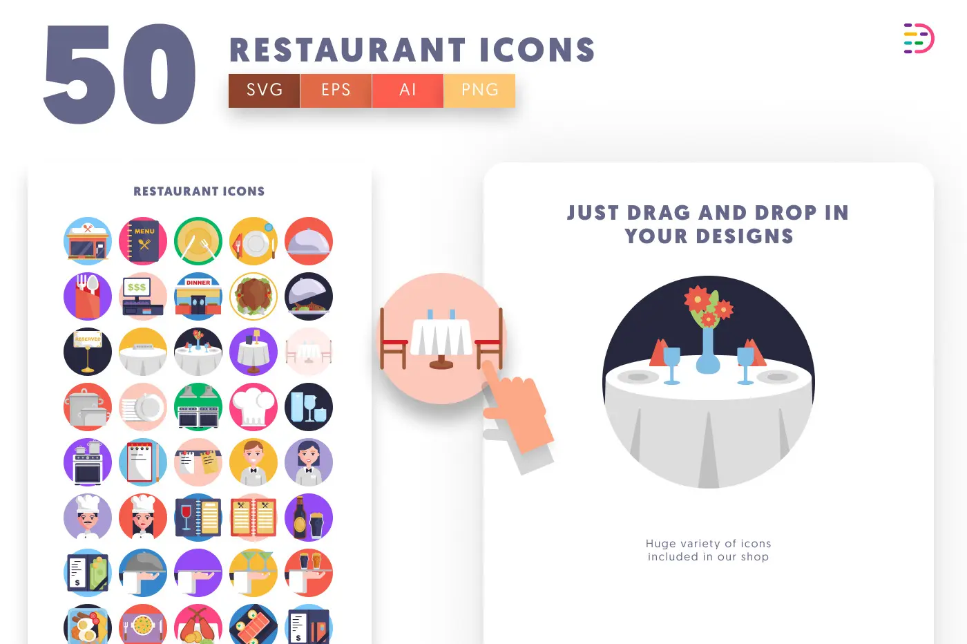 50 Restaurant Illustration Icons preview 1 – flat circle icons in PNG, SVG and EPS