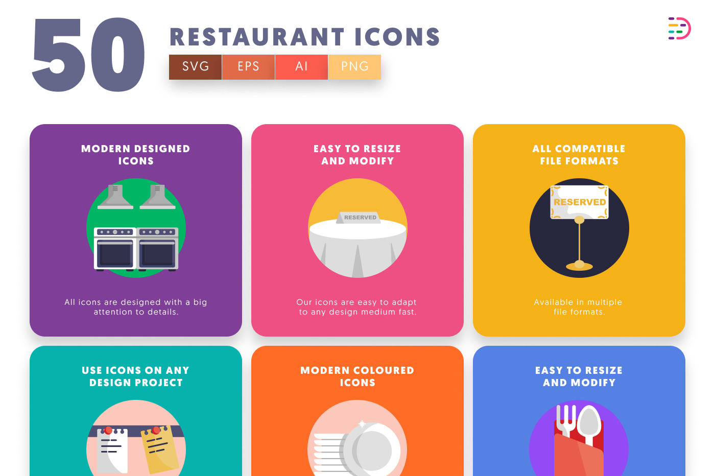 50 Restaurant Illustration Icons preview 5 – flat circle icons in PNG, SVG and EPS