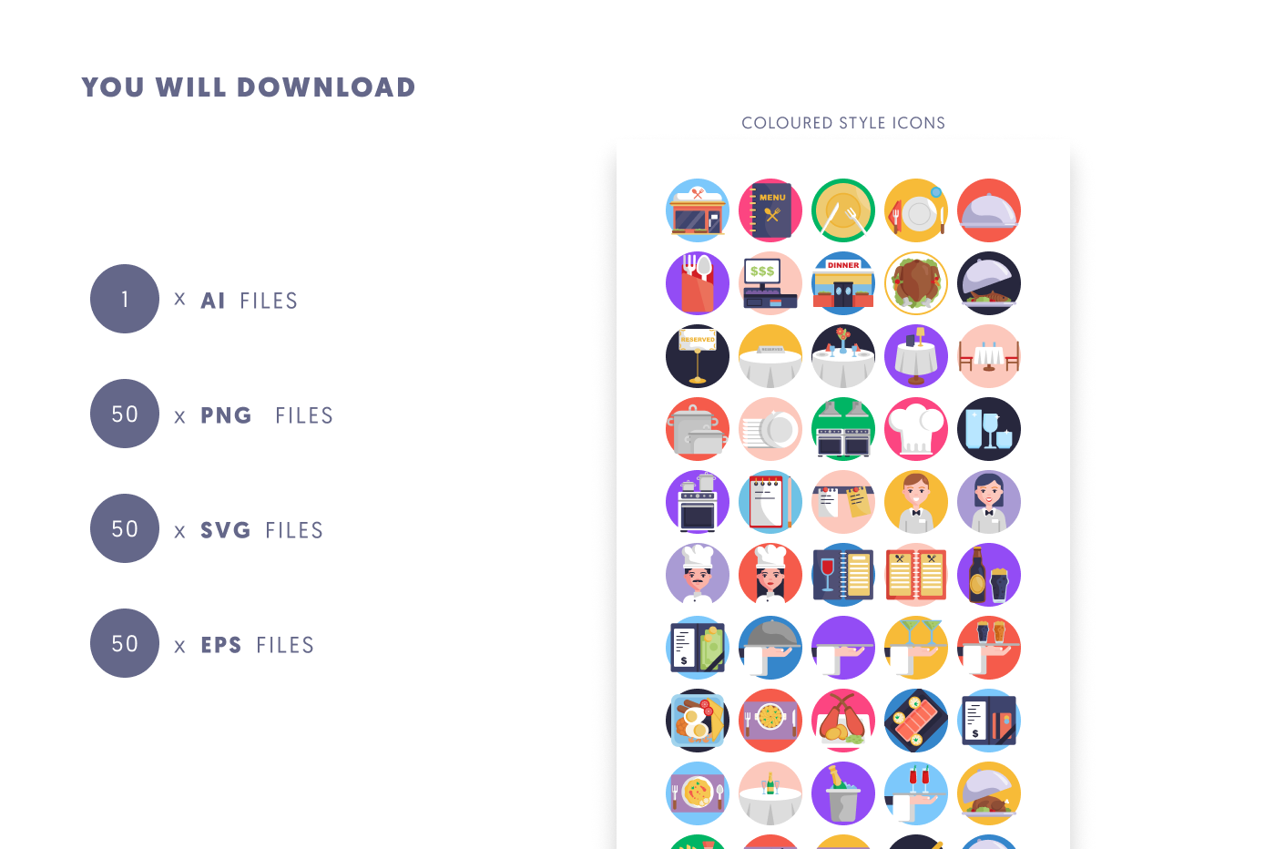 50 Restaurant Illustration Icons preview 9 – flat circle icons in PNG, SVG and EPS