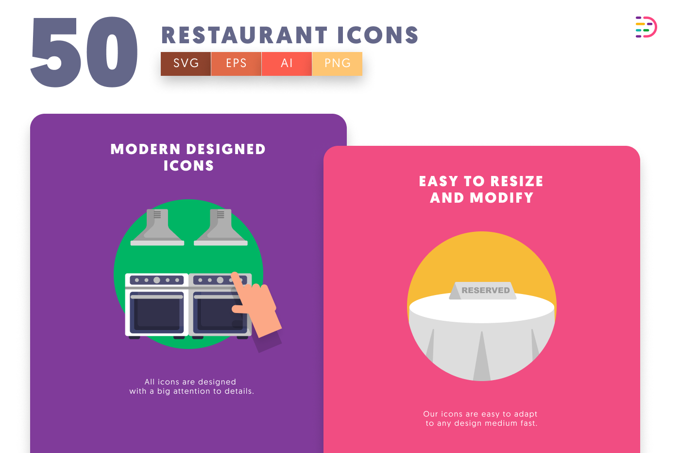 50 Restaurant Illustration Icons cover – flat circle icons in PNG, SVG and EPS