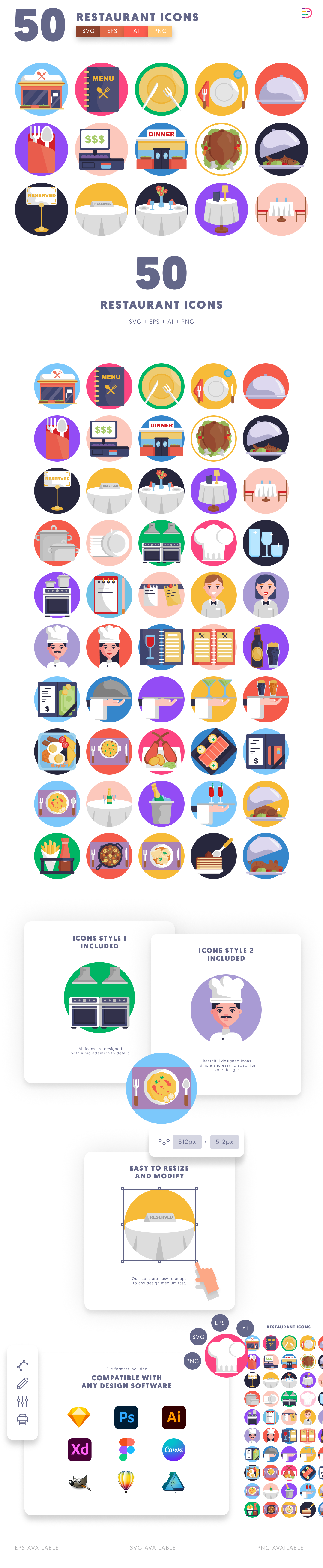 50 Restaurant Illustration Icons cover – flat circle icons in PNG, SVG and EPS