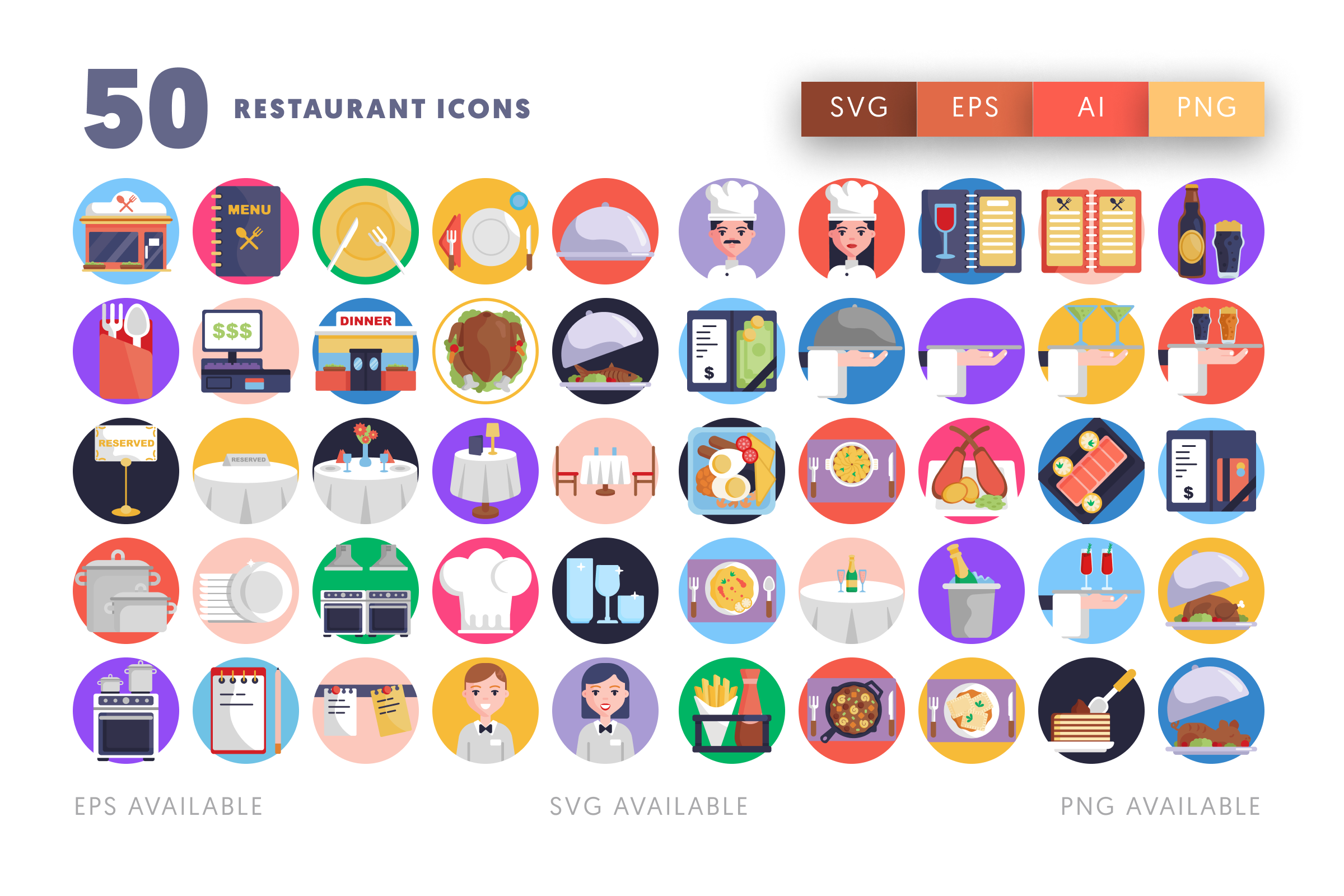 50 Restaurant Illustration Icons – flat circle icon set