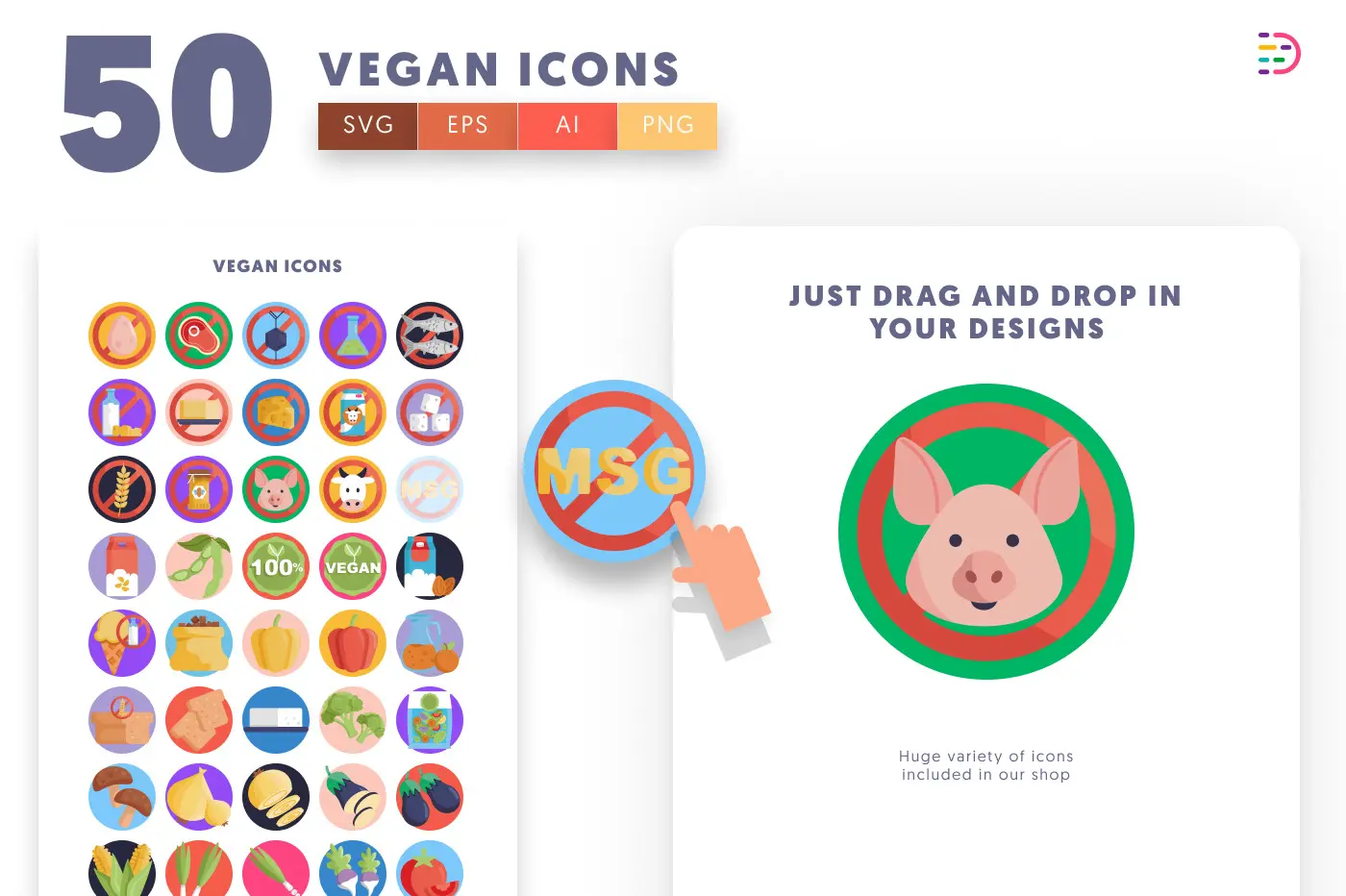 50 Vegan Icons preview 1 – flat circle icons in PNG, SVG and EPS