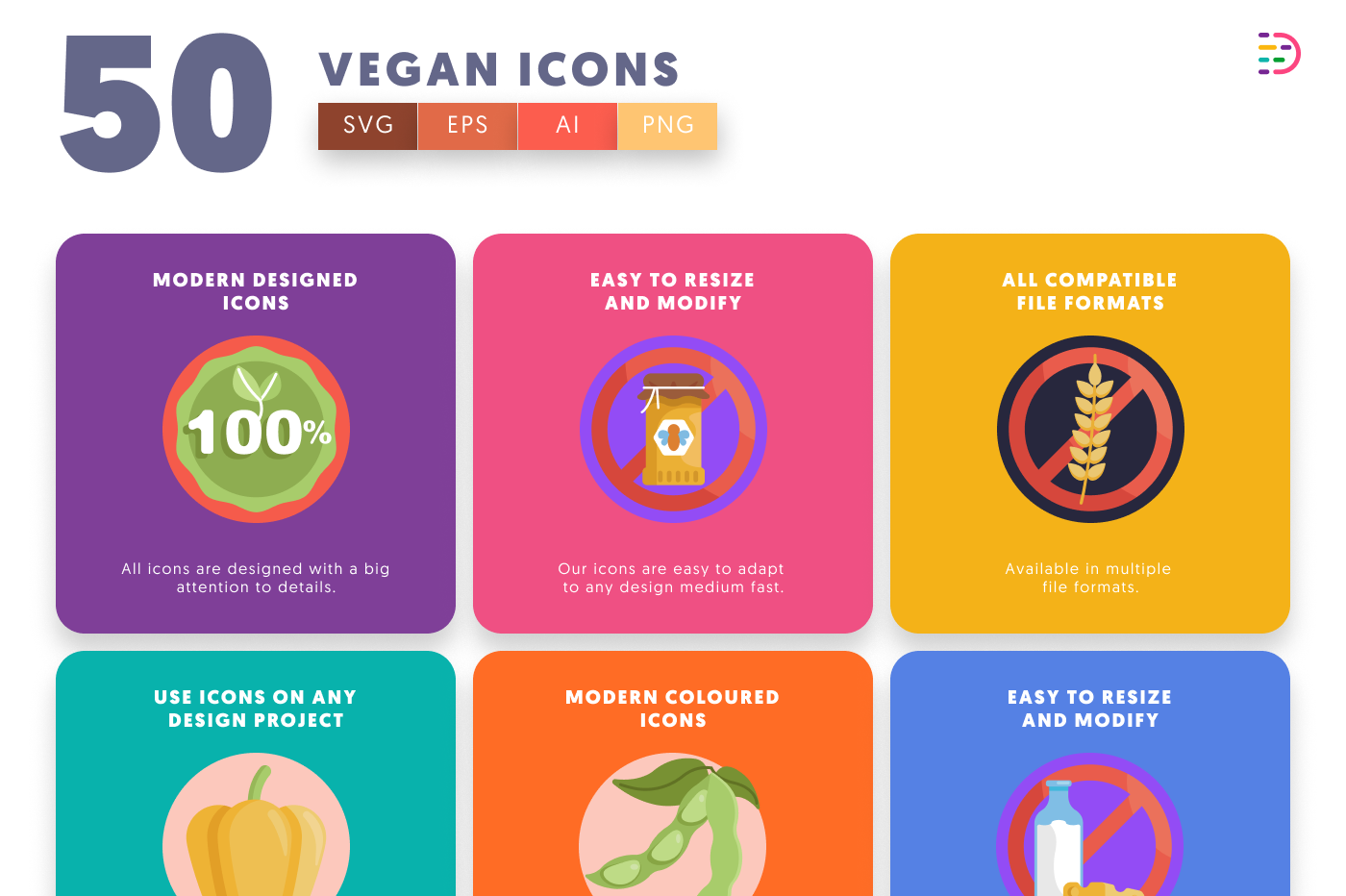 50 Vegan Icons preview 5 – flat circle icons in PNG, SVG and EPS