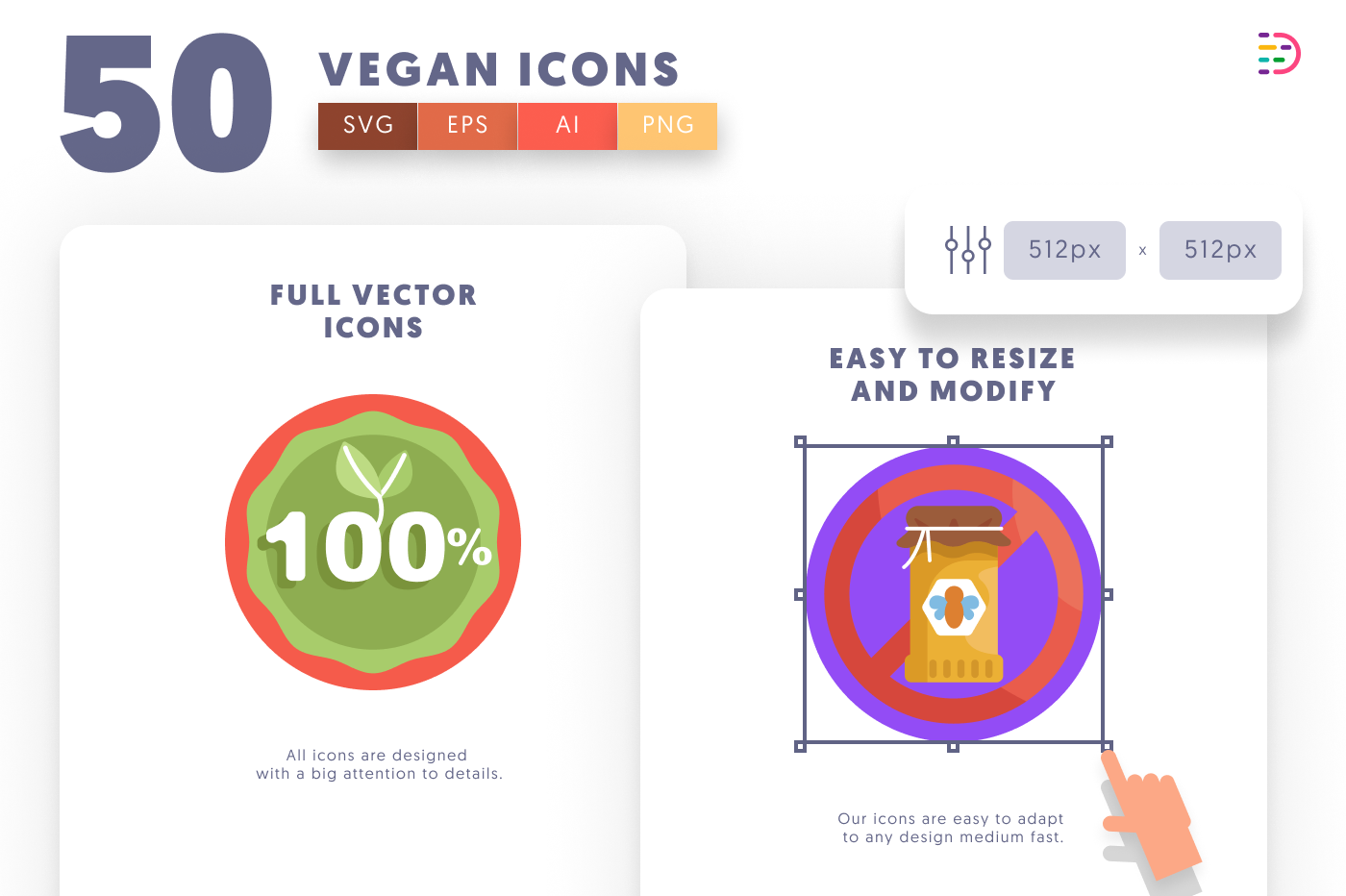 50 Vegan Icons preview 6 – flat circle icons in PNG, SVG and EPS