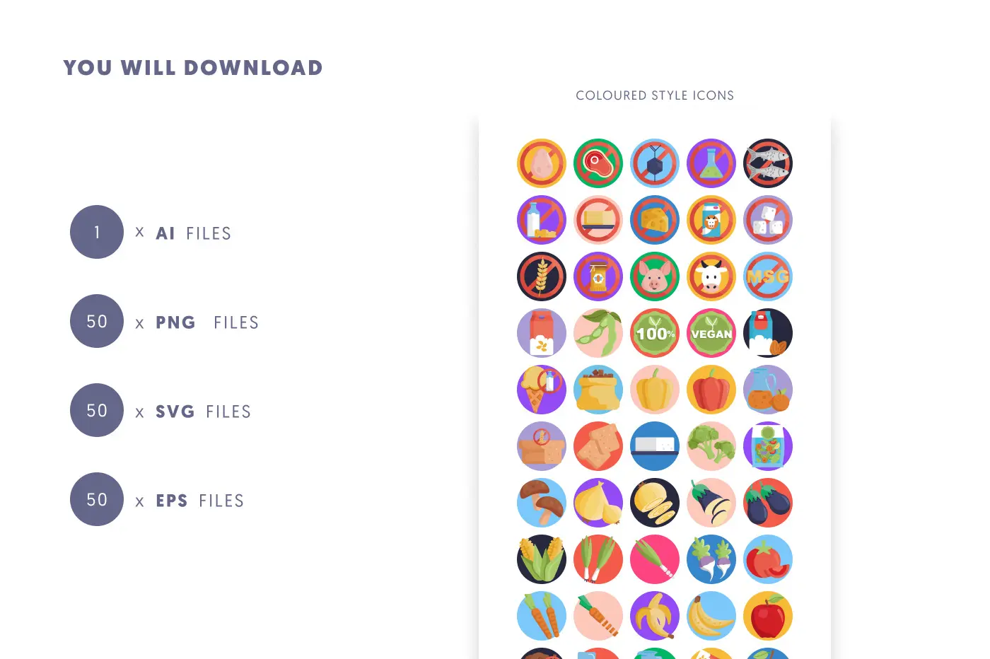 50 Vegan Icons preview 9 – flat circle icons in PNG, SVG and EPS