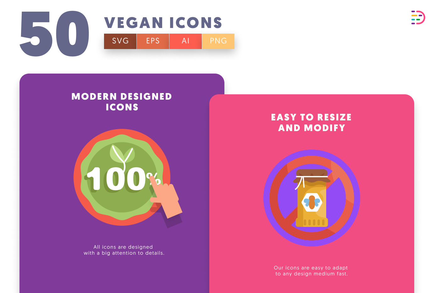 50 Vegan Icons cover – flat circle icons in PNG, SVG and EPS