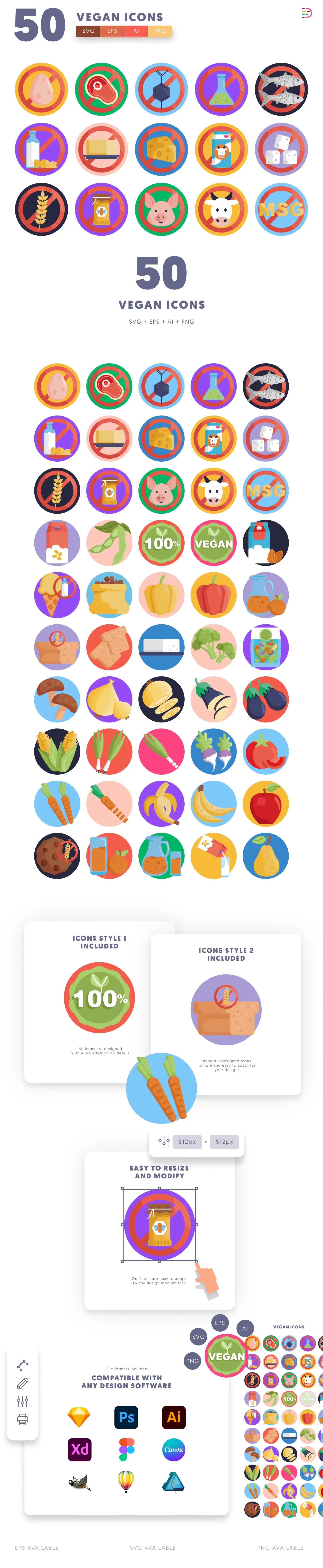 50 Vegan Icons cover – flat circle icons in PNG, SVG and EPS