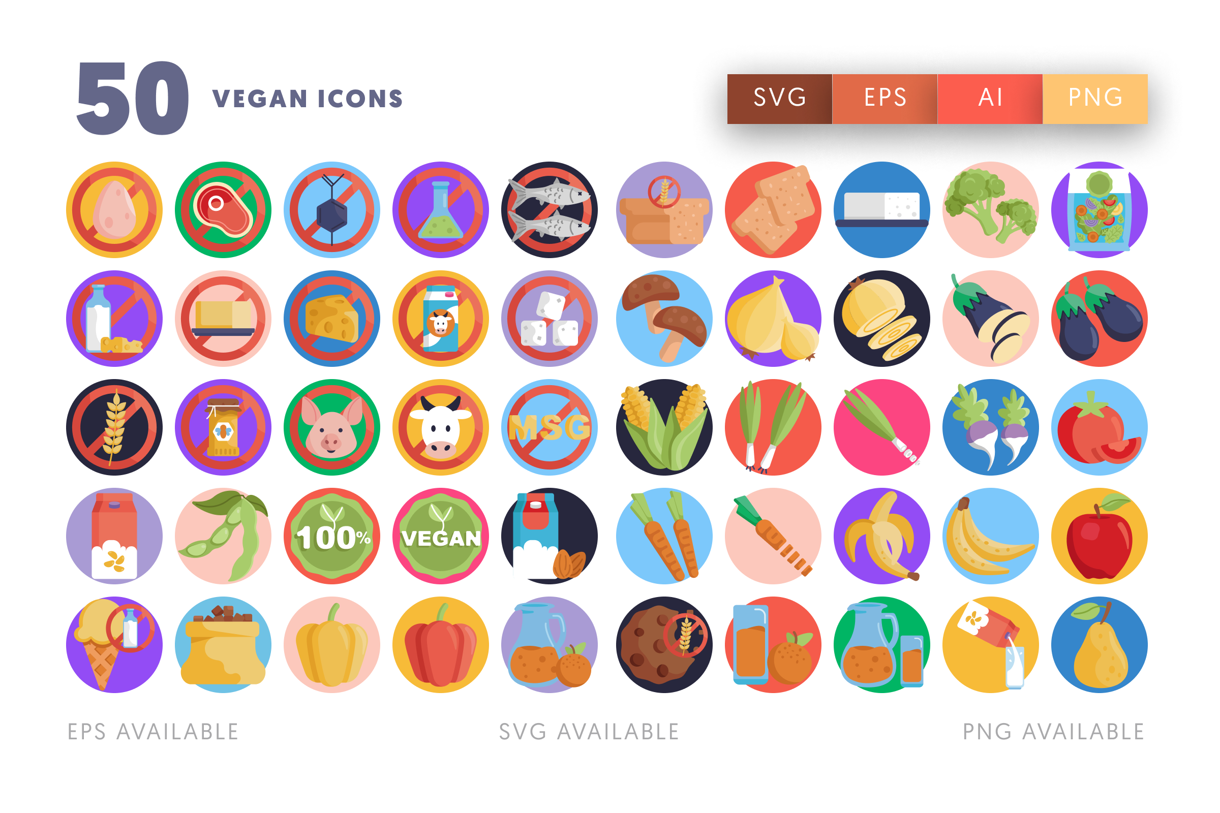 50 Vegan Icons – flat circle icon set