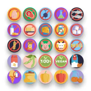 50 Vegan Icons – set of colorful flat circle icons