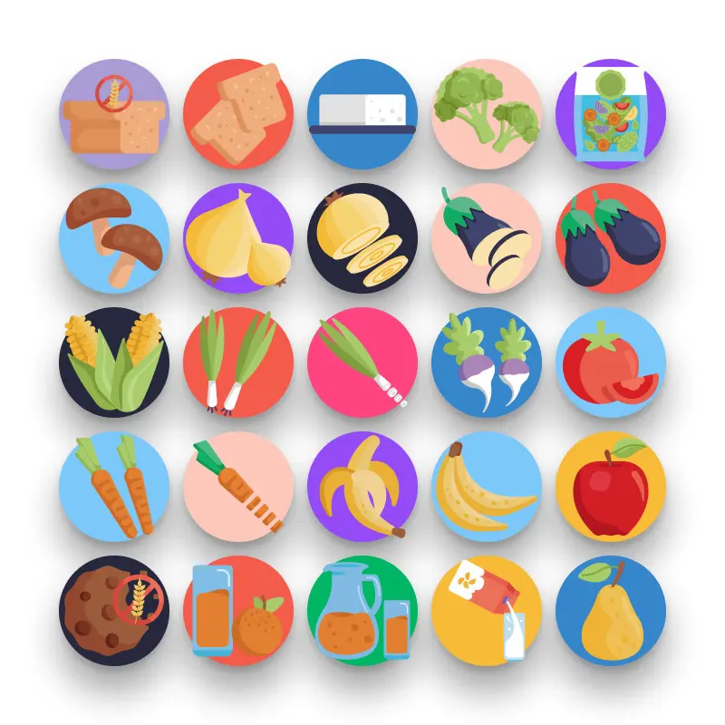 50 Vegan Icons – set of colorful flat circle icons