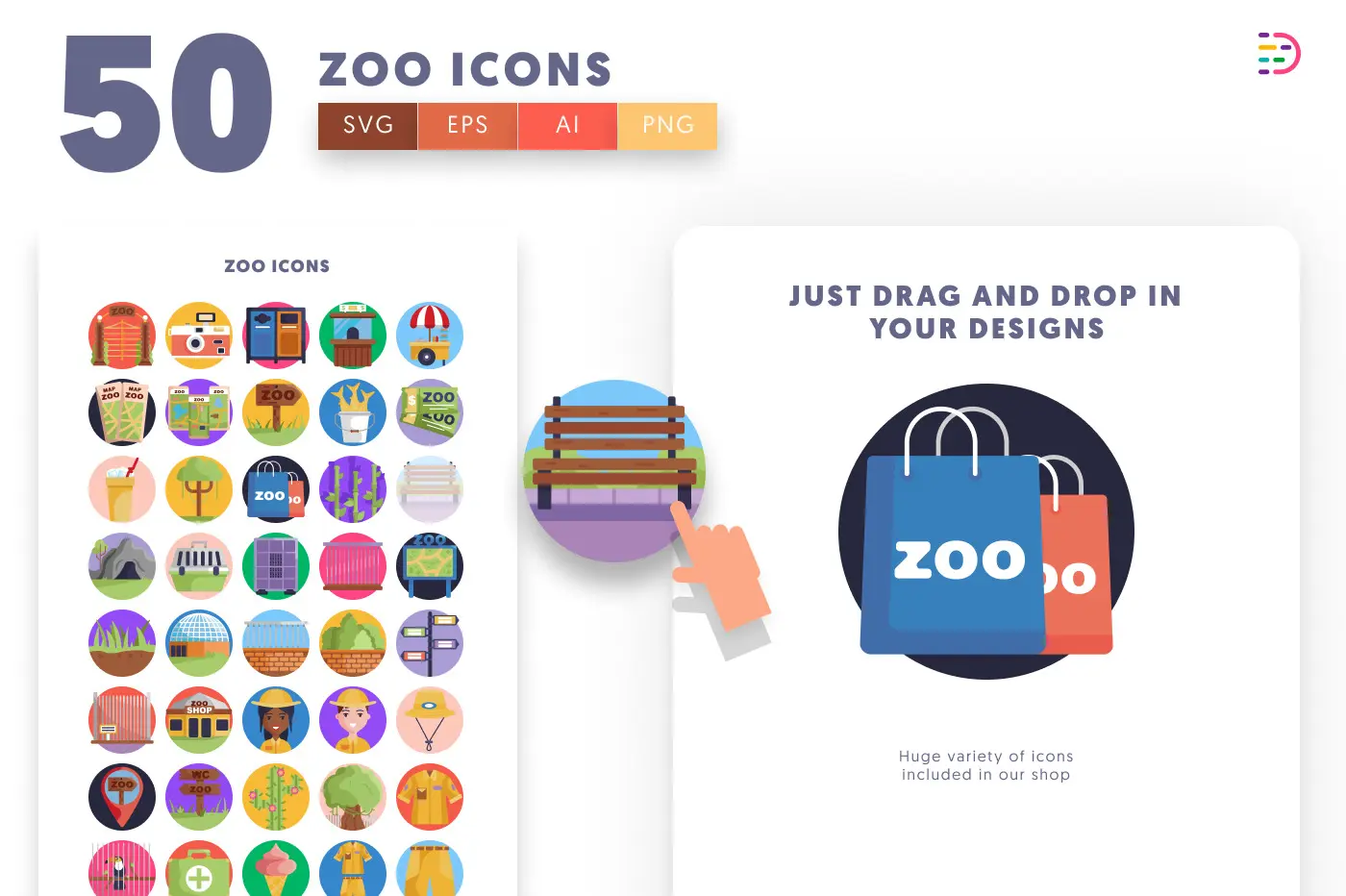 50 Zoo Icons preview 1 – flat circle icons in PNG, SVG and EPS