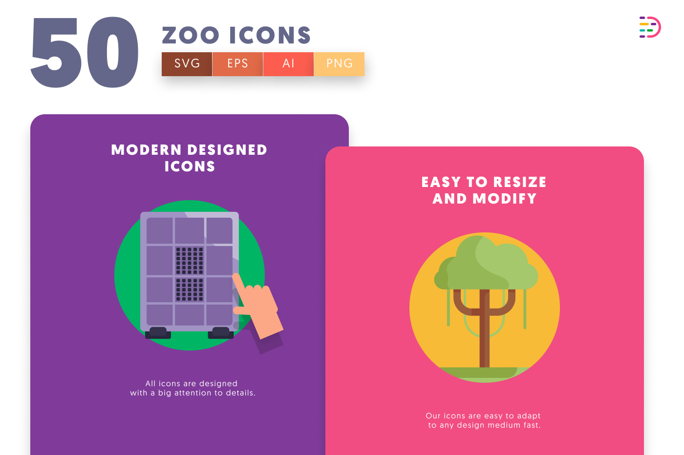 50 Zoo Icons cover – flat circle icons in PNG, SVG and EPS