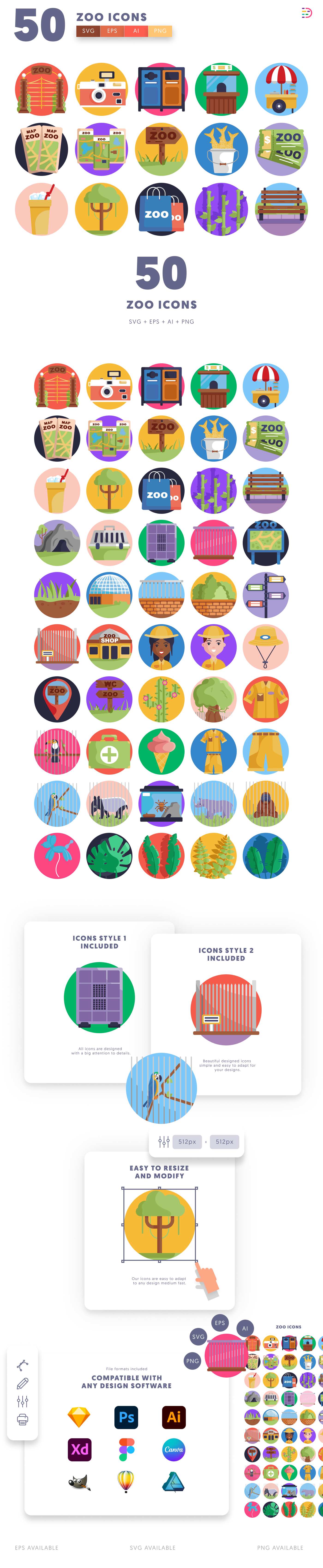 50 Zoo Icons cover – flat circle icons in PNG, SVG and EPS