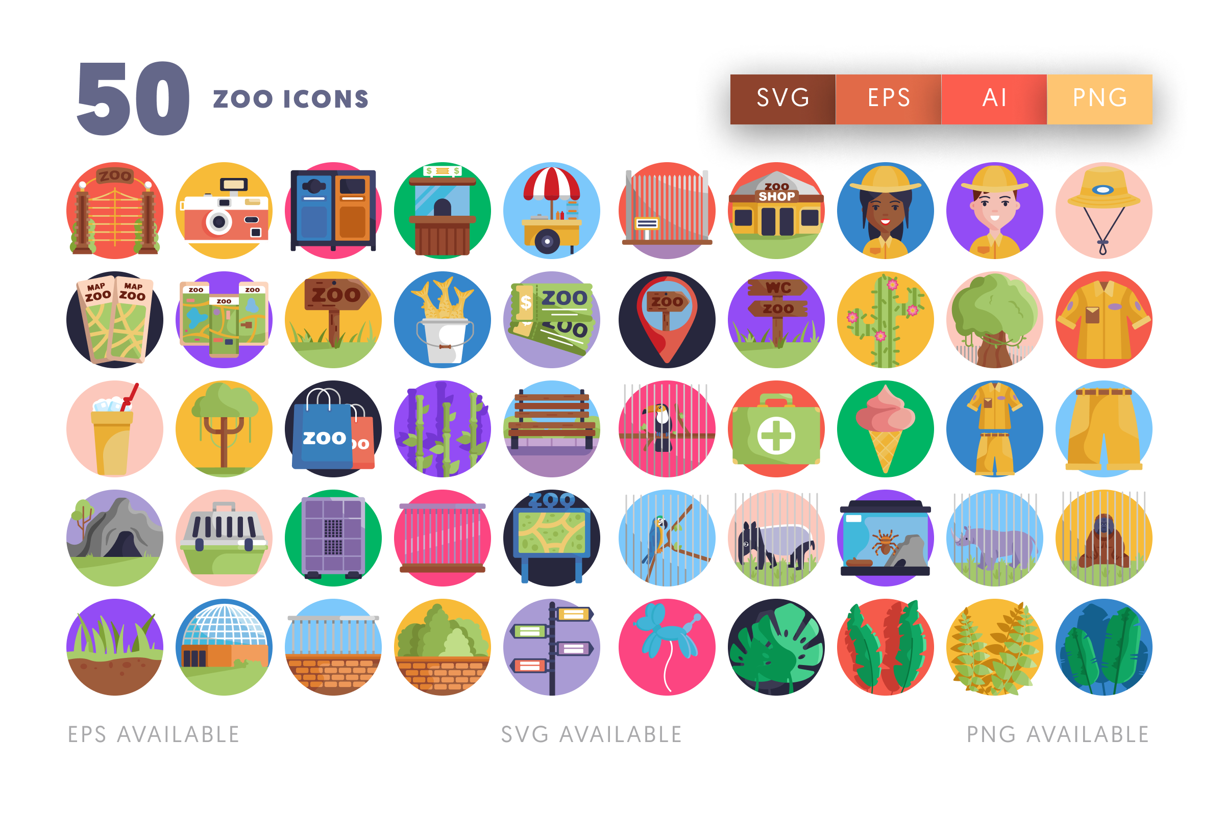 50 Zoo Icons – flat circle icon set