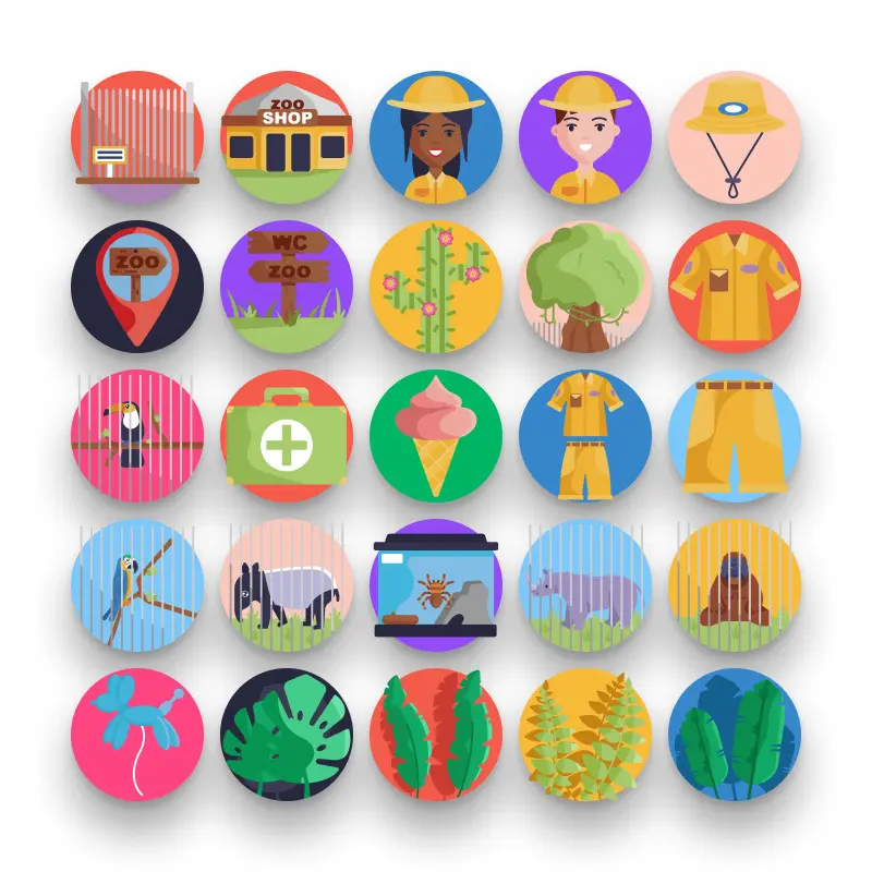 50 Zoo Icons – set of colorful flat circle icons