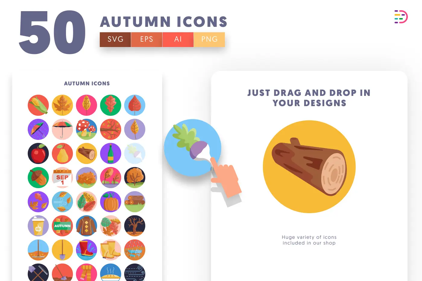 50 Autumn Icons preview 1 – flat circle icons in PNG, SVG and EPS