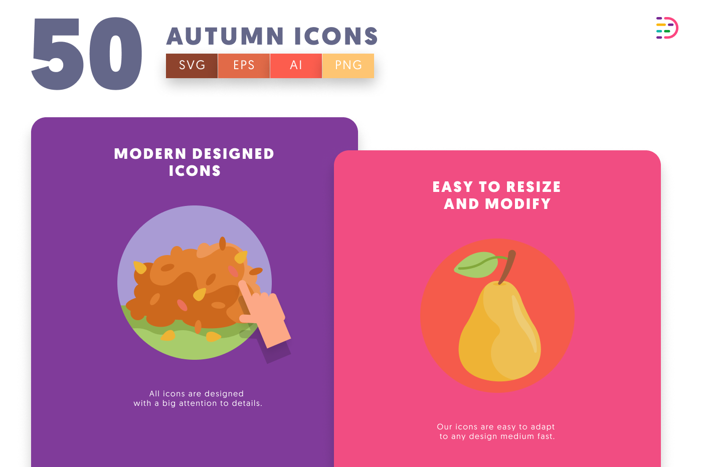 50 Autumn Icons cover – flat circle icons in PNG, SVG and EPS