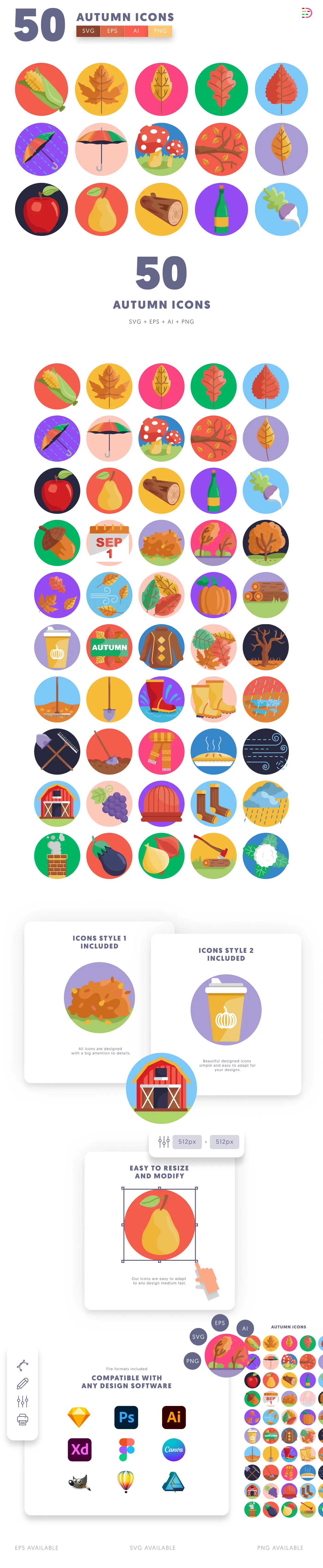 50 Autumn Icons cover – flat circle icons in PNG, SVG and EPS