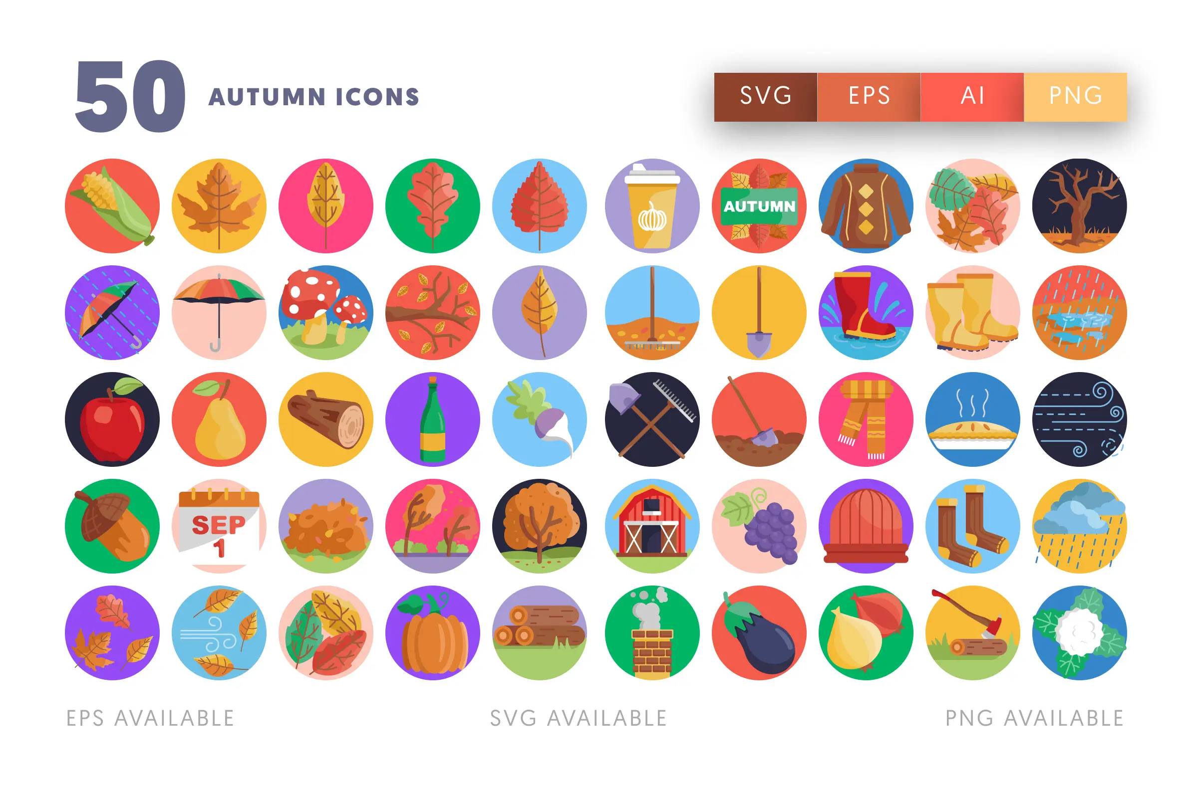 50 Autumn Icons – flat circle icon set