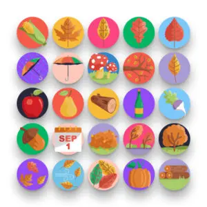 50 Autumn Icons – set of colorful flat circle icons