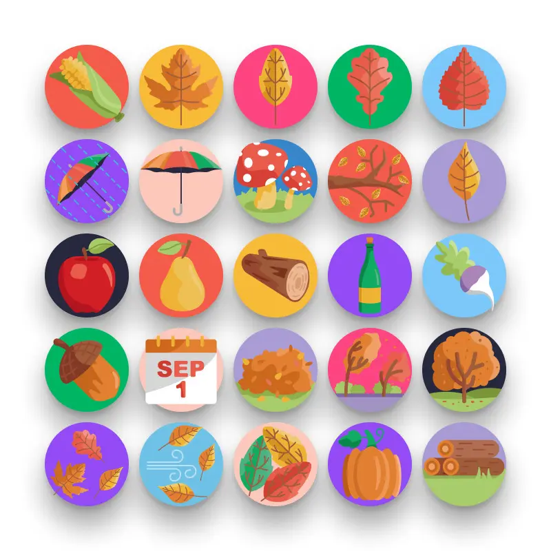 50 Autumn Icons – set of colorful flat circle icons