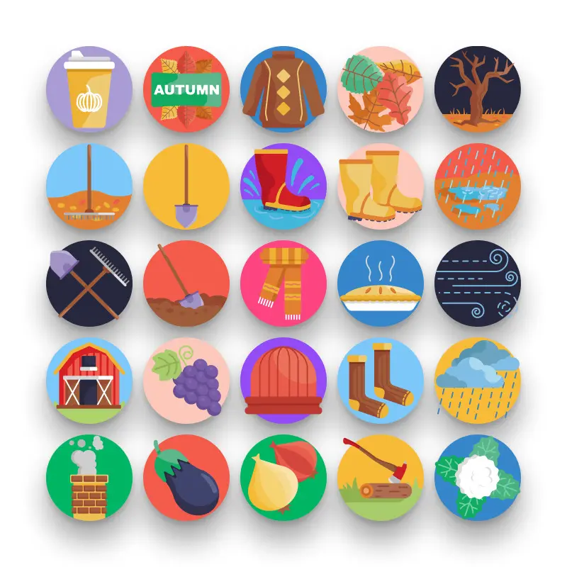 50 Autumn Icons – set of colorful flat circle icons