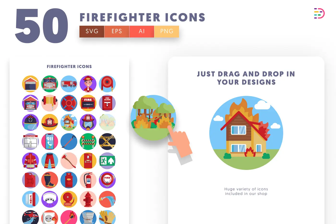 50 Firefighter Icons preview 1 – flat circle icons in PNG, SVG and EPS