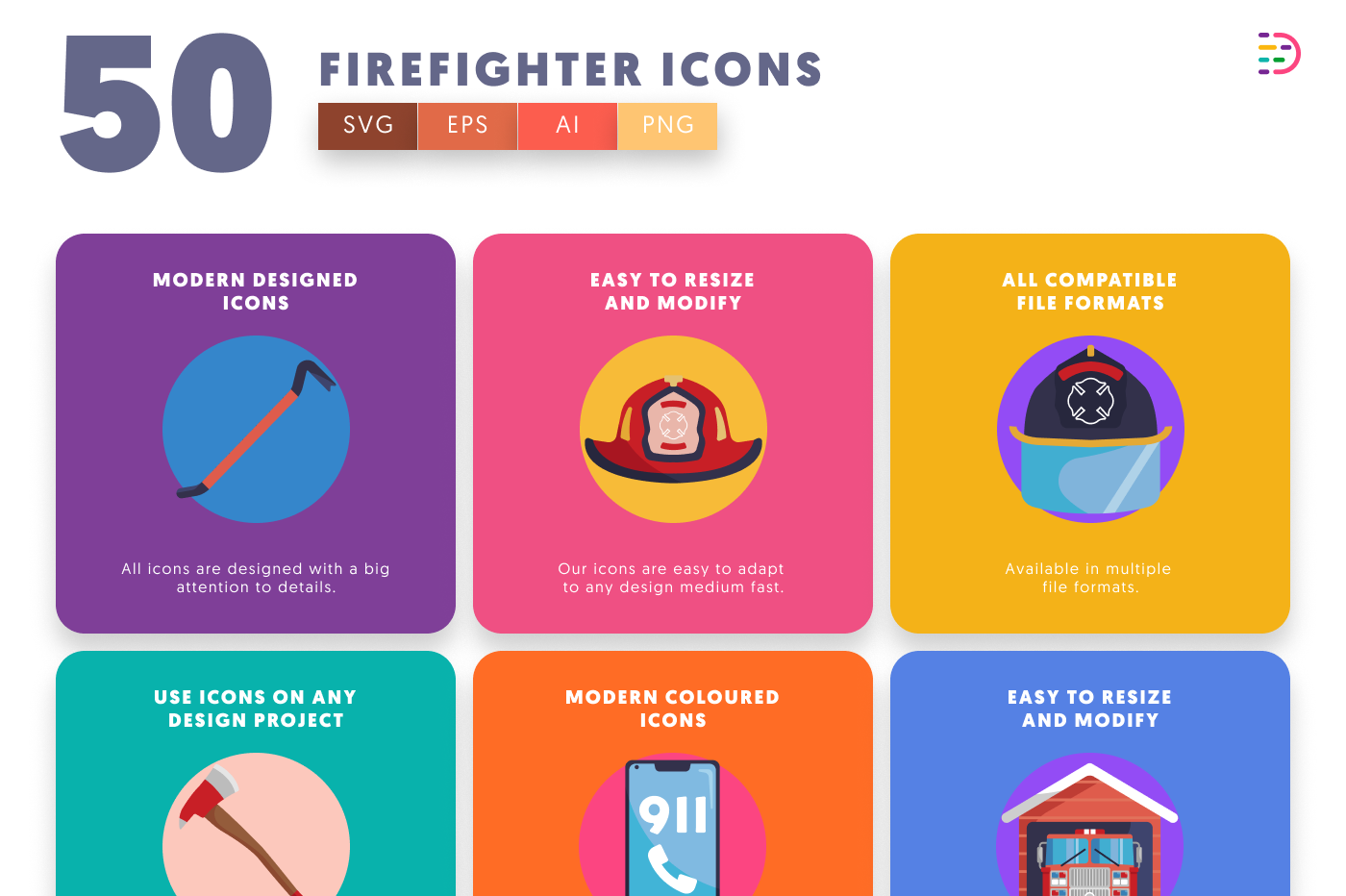 50 Firefighter Icons preview 5 – flat circle icons in PNG, SVG and EPS