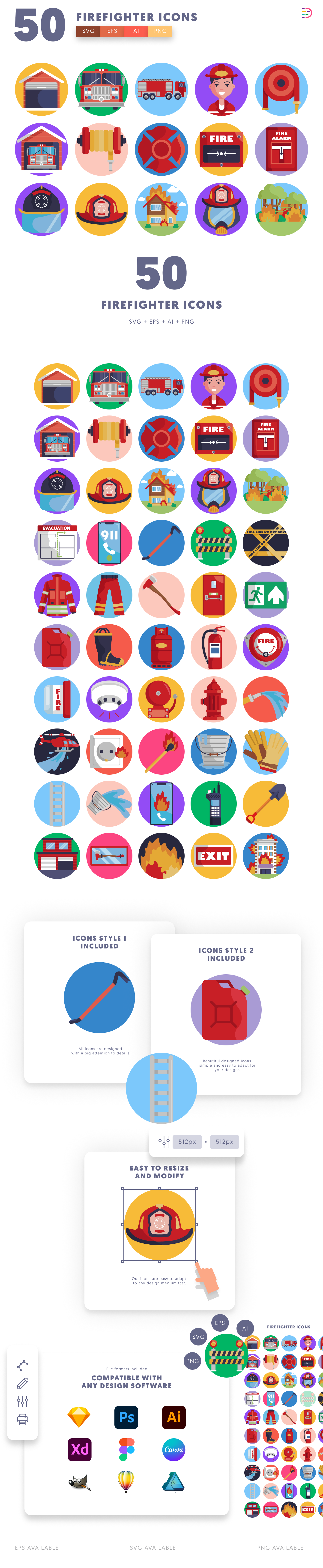 50 Firefighter Icons cover – flat circle icons in PNG, SVG and EPS