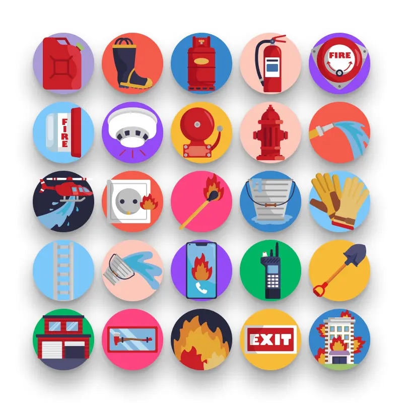 50 Firefighter Icons – set of colorful flat circle icons