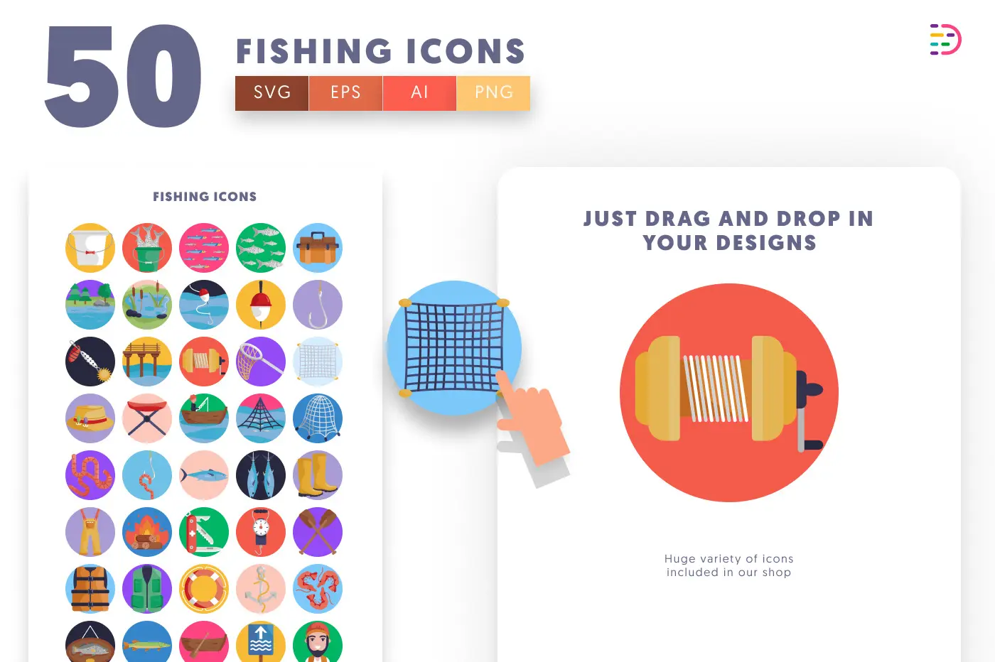 50 Fishing Icons preview 1 – flat circle icons in PNG, SVG and EPS