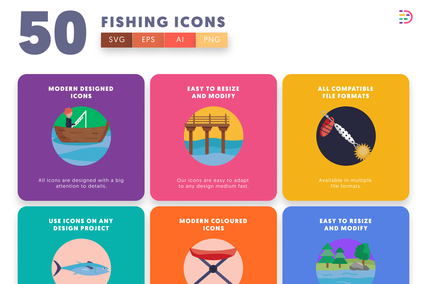 50 Fishing Icons preview 5 – flat circle icons in PNG, SVG and EPS