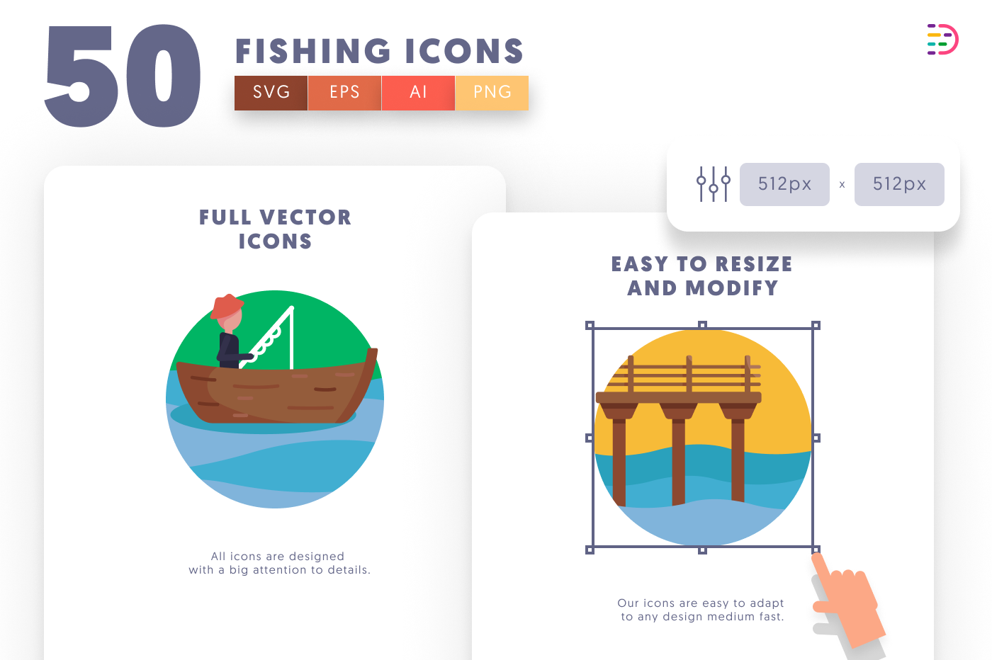 50 Fishing Icons preview 6 – flat circle icons in PNG, SVG and EPS