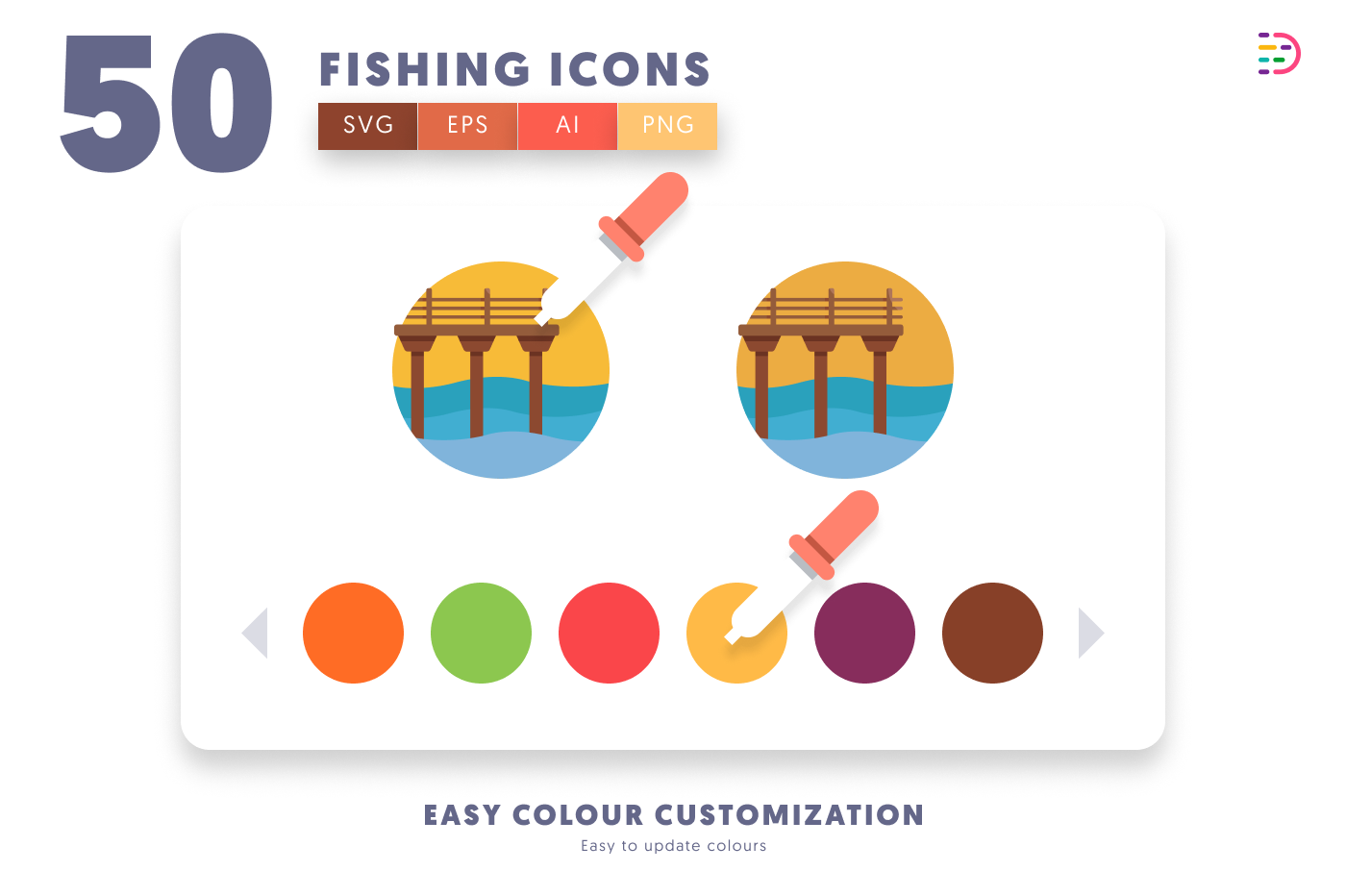 50 Fishing Icons preview 7 – flat circle icons in PNG, SVG and EPS