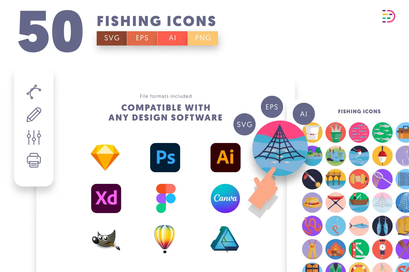 50 Fishing Icons preview 8 – flat circle icons in PNG, SVG and EPS
