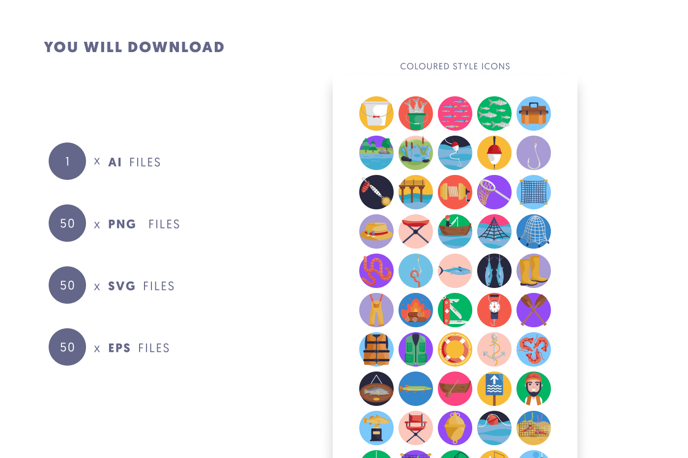 50 Fishing Icons preview 9 – flat circle icons in PNG, SVG and EPS