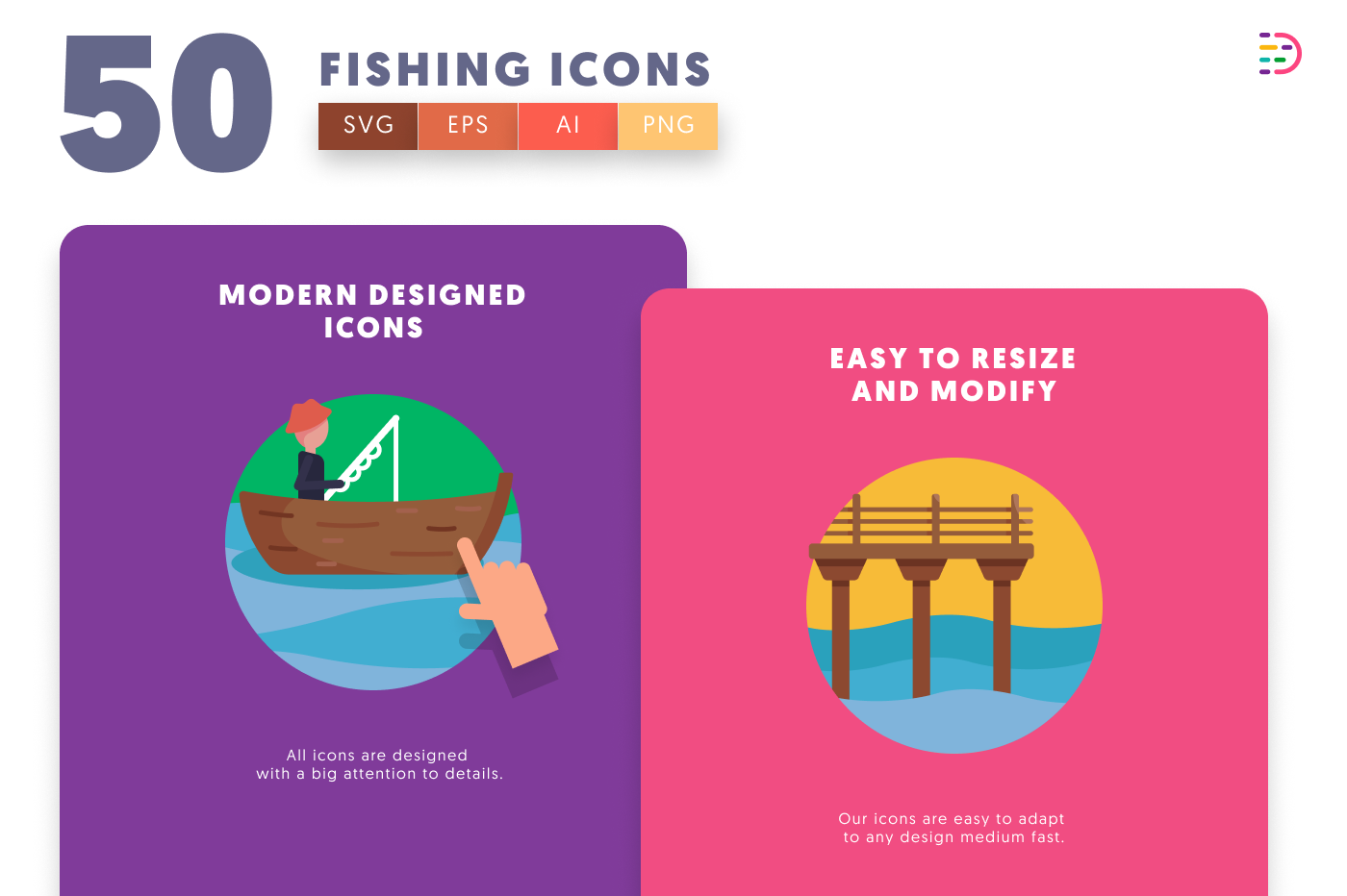 50 Fishing Icons cover – flat circle icons in PNG, SVG and EPS