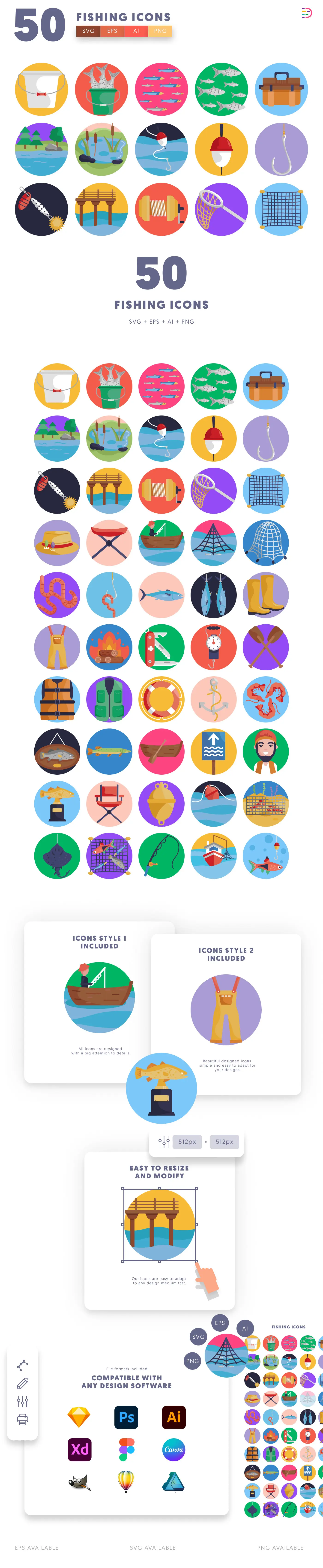 50 Fishing Icons cover – flat circle icons in PNG, SVG and EPS