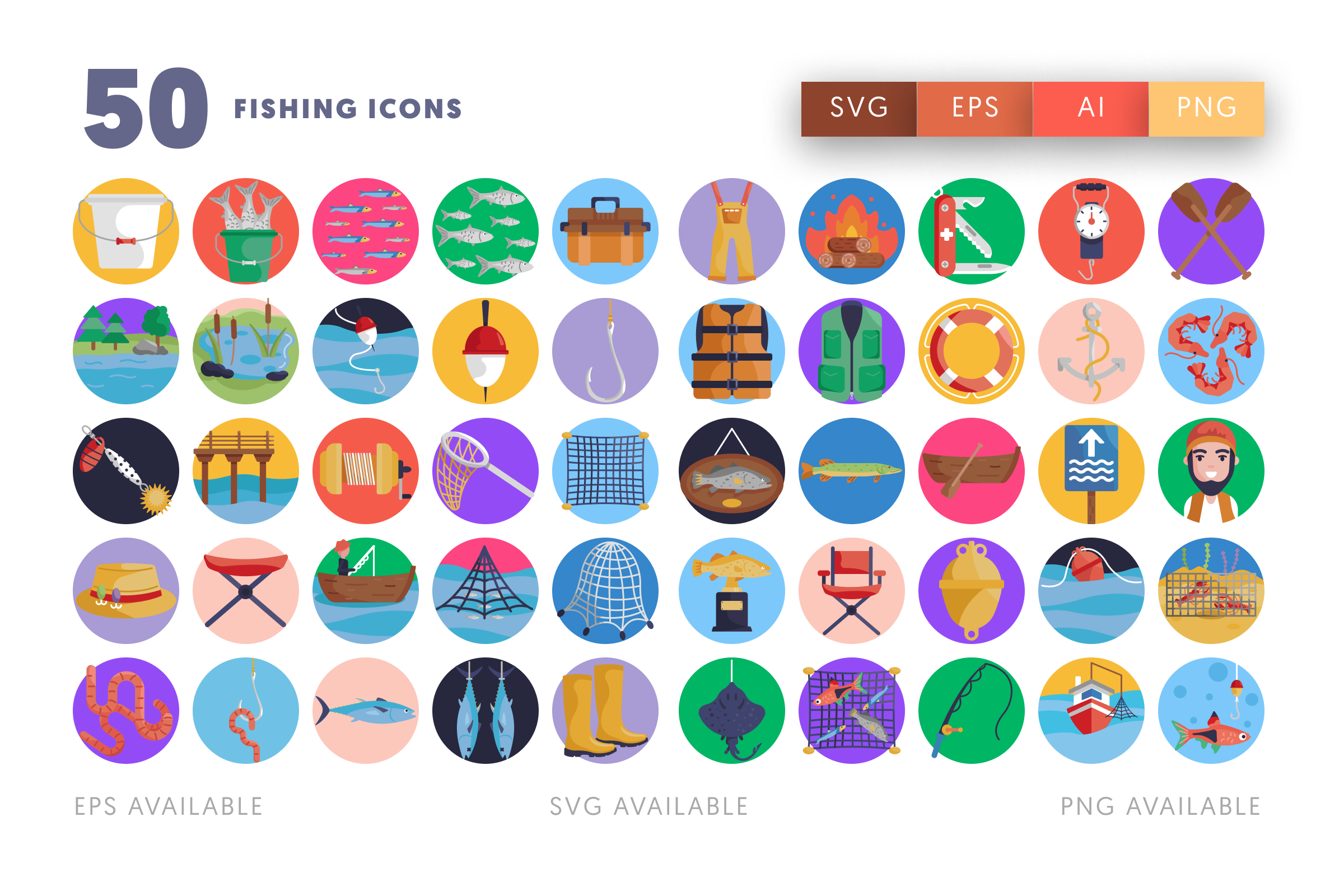 50 Fishing Icons – flat circle icon set