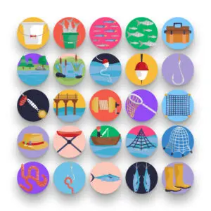50 Fishing Icons – set of colorful flat circle icons