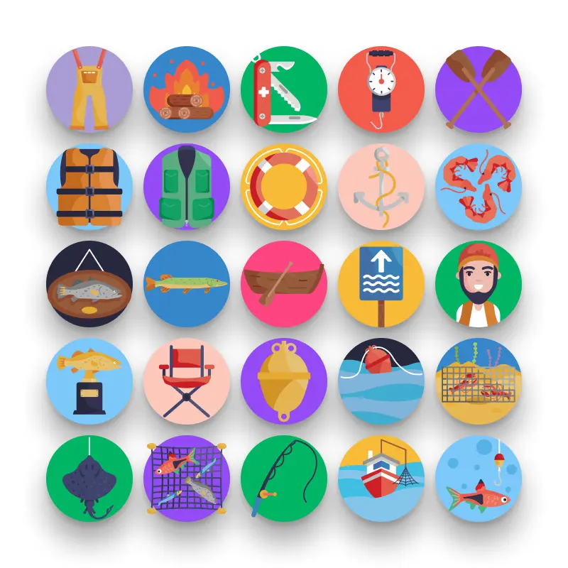 50 Fishing Icons – set of colorful flat circle icons