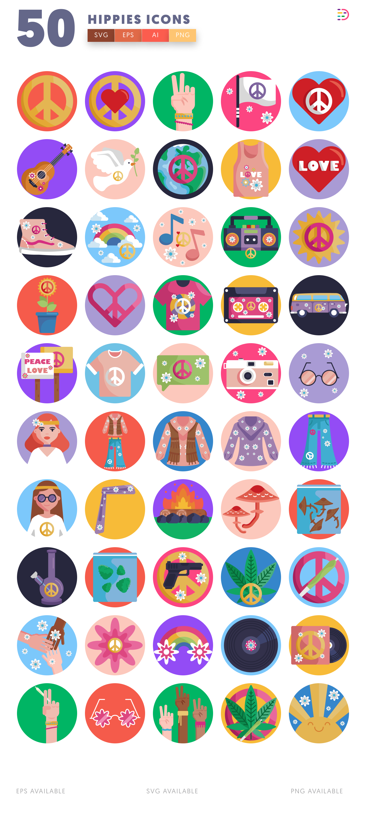 50 Hippies Icons – all icons in the set